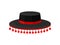 Flat vector icon of black Spanish hat with red ball fringe. Male headdress, part of carnival costume. Fashion theme