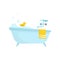 Flat vector icon of blue bath with soap foam, rubber duck, bright yellow towel, faucet with cold and hot water handles