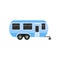 Flat vector icon of blue camper trailer for family travel. Caravan with door and black tinted windows. Recreational