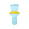 Flat vector icon of blue ceramic toilet with yellow seat. Element for promo poster or banner of plumbing supply store