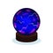 Flat vector icon of bright blue magic ball with purple glowing. Glass sphere on brown wooden stand