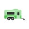 Flat vector icon of bright green camper trailer, side view. Modern home of wheels. Transport for family travel. Vacation