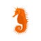 Flat vector icon of bright orange seahorse. Small sea animal. Marine creature with long snout and curled tail