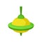 Flat vector icon of bright yellow-green whirligig. Children toy. Vintage spinning top. Item for kids game