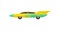 Flat vector icon of bright yellow racing car with green wrap decal, side view. Fast sports vehicle with tinted windows