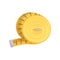 Flat vector icon of bright yellow sewing tape measure. Instrument for measuring length. Clothing tailoring theme