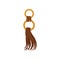 Flat vector icon of brown leather tassel on golden rings. Fashion eement for garment and women bag decoration.