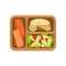 Flat vector icon of brown tray with tasty food. Salmon fish, bread with sauce and fresh vegetable salad. Delicious meal