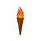 Flat vector icon of brown wooden torch with bright red-orange flame. Bright blazing fire. Element for mobile game