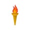 Flat vector icon of burning torch. Hot red-orange flame. Bright blazing fire. Cartoon style illustration of golden