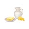Flat vector icon of butter on plate, fresh milk in glass jug and triangle cheese with holes. Healthy dairy products