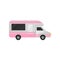 Flat vector icon of camper truck. Gray van with bright pink stripes and black tinted windows. Motor vehicle for family