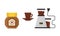 Flat vector icon of coffee maker, cup on saucer and jar of coffee beans. Kitchen appliance. Modern electric device