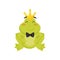 Flat vector icon of cute frog with golden crown on head and black tie bow on neck. Green toad with pink cheeks