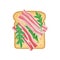 Flat vector icon of delicious sandwich for breakfast or lunch. Toasted bread with slices of bacon and greens. Tasty