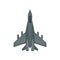 Flat vector icon of fast military aircraft. Air force fighter. Gray jet with powerful engines. Element for mobile game