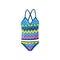 Flat vector icon of female swimsuit with zigzag pattern. One-piece bodysuit for swimming. Stylish women swimwear