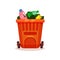 Flat vector icon of garbage bin with plastic waste. Empty bottles and cup in orange container. Trash sorting theme