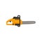 Flat vector icon of gas chainsaw steel blade. Orange electric saw. Power tool for cutting wood and metal