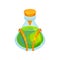 Flat vector icon of glass bottle with green magical potion. Magic elixir. Graphic element for children book