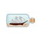 Flat vector icon of glass bottle with sand and wooden ship inside. Sea theme. Miniature model of sailing vessel