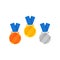 Flat vector icon of gold, silver and bronze medal with blue ribbon. Shiny awards for winners of competition. Victory