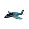 Flat vector icon of gray jet plane with blue stripes. Military aircraft. Air force fighter. Element for mobile game