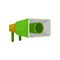 Flat vector icon of green metal megaphone. Loud-speaker. Device for voice amplification. For mobile app or web site