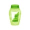 Flat vector icon of green shampoo bottle with torn label. Plastic garbage for recycling. Trash sorting theme