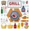 Flat vector icon of grill meat fish barbecue BBQ cooking outdoor