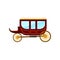 Flat vector icon of horse-drawn carriage with large red cab and wheels. Vintage wagon with door and windows. Antique