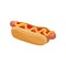 Flat vector icon of hot dog. Sausage in soft roll topped with ketchup and mustard. Design for menu, cafe branding or
