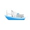 Flat vector icon of large commercial fishing boat with trawling equipment. Blue marine vessel for industrial seafood