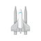 Flat vector icon of large space shuttle. Gray spacecraft with big turbines. Modern flying technology