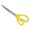 Flat vector icon of large stationery scissors. Instrument with two long sharp blades and bright yellow handles