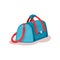 Flat vector icon of large travel bag with red handles. Bright blue handbag for carry personal items. Baggage of traveler