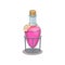 Flat vector icon of magic potion. Small glass bottle with bright pink liquid and label on metal stand. Divination theme