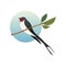Flat vector icon of martlet sitting on branch with green leaves in circle shape background. Wild bird