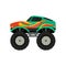 Flat vector icon of monster truck with large tires and black tinted windows. Extreme transport. Heavy green car with