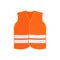 Flat vector icon of orange safety vest waistcoat with two reflective stripes. High-visibility clothing. Protective wear