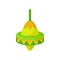 Flat vector icon of pear-shaped humming top. Plastic green-yellow whirligig with pattern. Spinning top. Children toy
