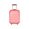 Flat vector icon of pink plastic suitcase on wheels. Traveler bag with telescopic handle. Object related to vacation