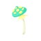 Flat vector icon of poisonous mushroom with green spotted cap and thin stalk. Magic forest plant