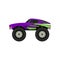 Flat vector icon of purple monster truck. Cartoon icon of car with large tires, black tinted windows and green decal