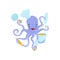 Flat vector icon of purple octopus with mustache and chef s hat on head. Sea animal holding kitchen tools in tentacles