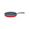 Flat vector icon of red metal frying pan with gray handle. Stainless container used for cooking food. Kitchenware theme