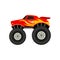 Flat vector icon of red monster truck with yellow-orange flame decal. Car with large tires, spoiler and black tinted