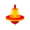 Flat vector icon of red-orange whirligig with plastic transparent dome. Humming top. Children spinning toy