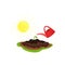 Flat vector icon of red watering can, young growing plant and bright yellow sun. Gardening and cultivation theme