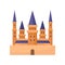 Flat vector icon of royal palace. Castle with high towers and purple conical roof. Element for mobile game or children